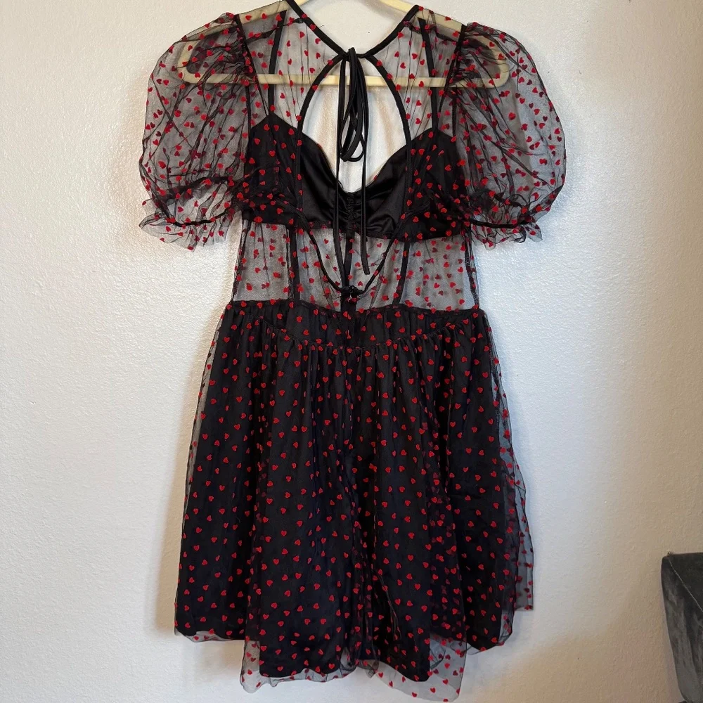 SHEIN Puff Sleeve Black with Red Heart Mesh Dress Sweetheart Neckline - Picture 3 of 5
